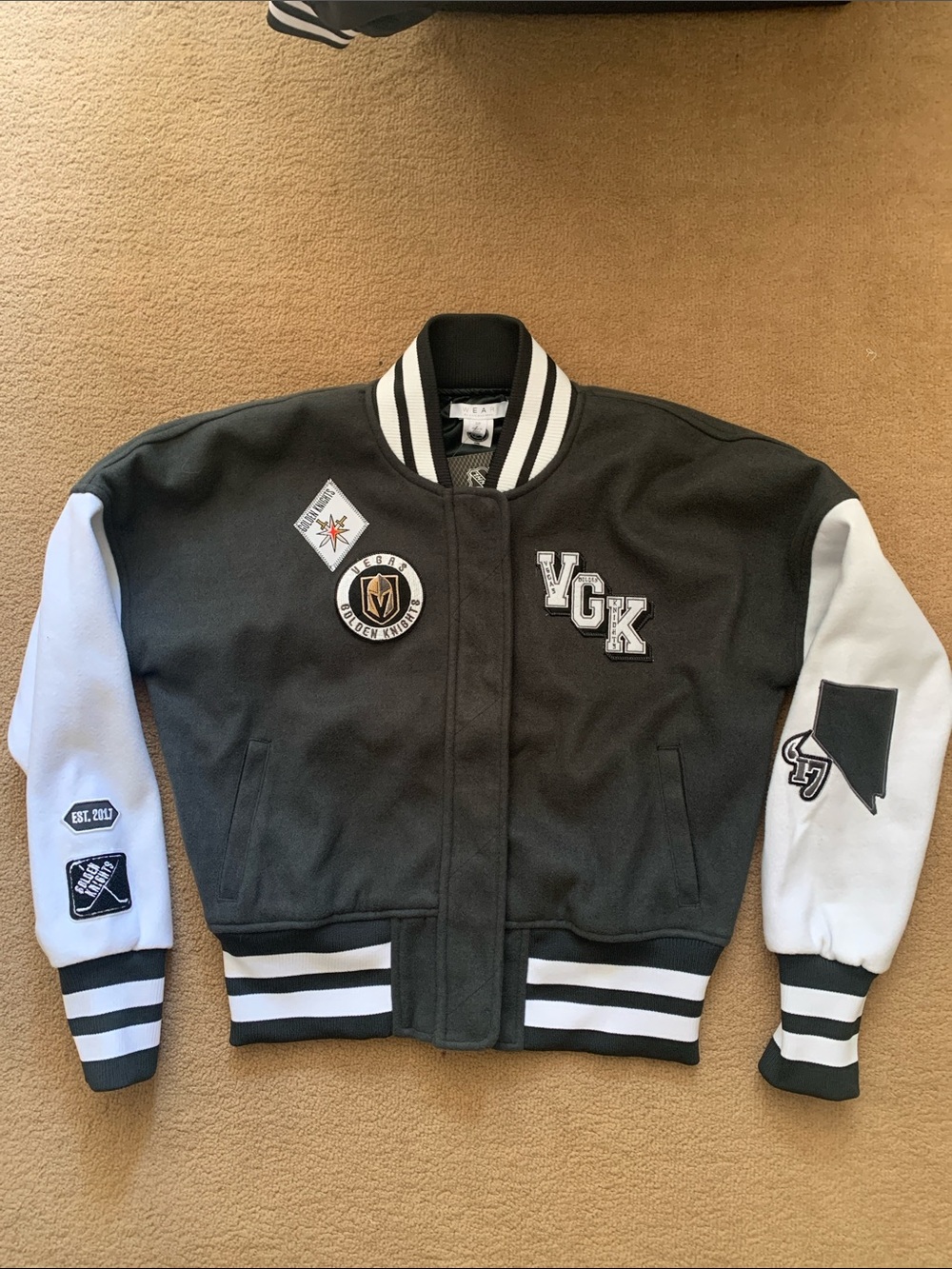 Vegas Golden Knight Grey and White Womens Varsity Bomber Jacket NWT